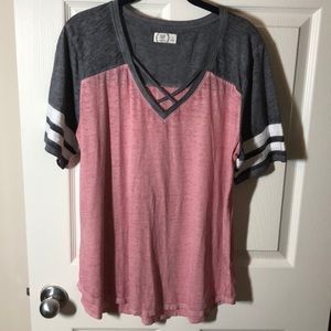 Maurices short sleeve v neck w/ criss cross detail